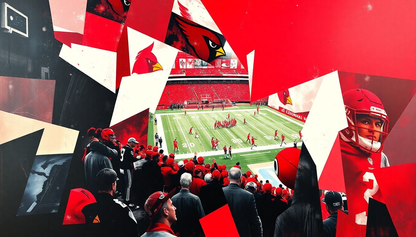 A cubist, geometric painting depicting fragmented, overlapping shapes and planes in the colors of the Arizona Cardinals, representing the team's efforts to rebuild and reshape their roster under new leadership.