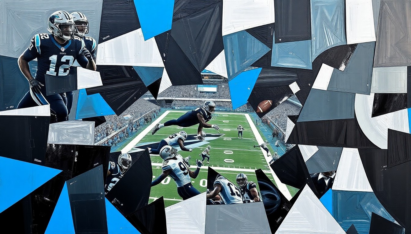 A fragmented, cubist-style painting depicting a Carolina Panthers football game, with the players and field broken down into sharp, overlapping geometric shapes in the team's colors, conveying the dynamic energy and strategic complexity of the sport.