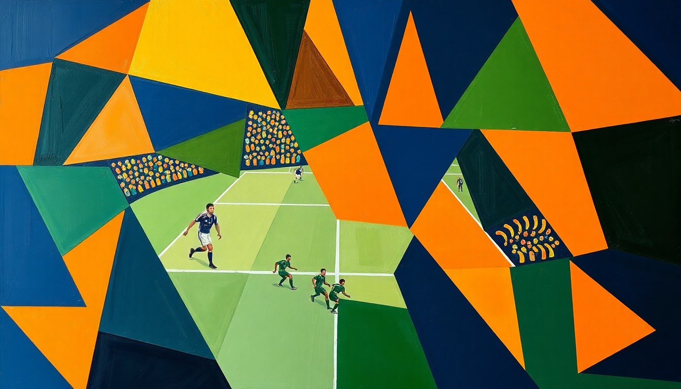 A cubist, geometric painting depicting a fragmented football game, with sharp planes of navy, green, and orange overlapping to create a dynamic, abstract composition.