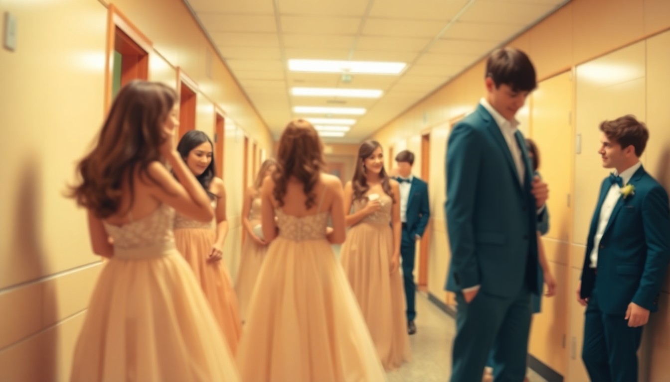 An abstract, out-of-focus photograph in soft, warm tones depicting high school students trying on formal attire, conveying a sense of community and joy.