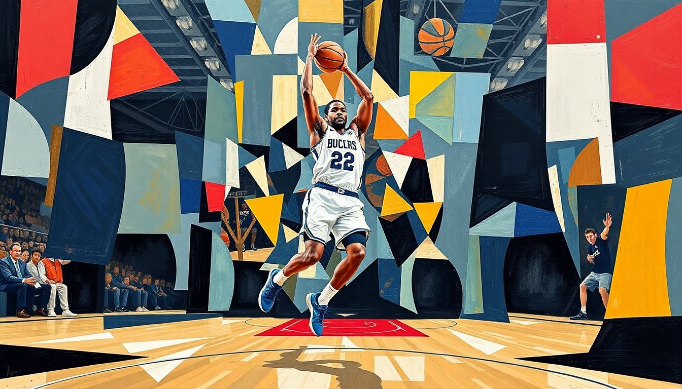 A fragmented, geometric painting depicting a basketball player's movements broken down into sharp, overlapping shapes and planes, conveying the unsettled nature of Ja Morant's situation with the Memphis Grizzlies.