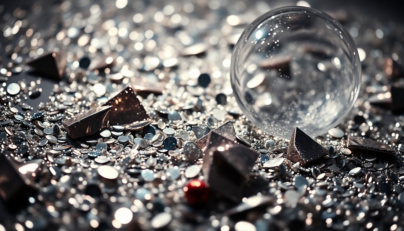 An abstract close-up image of shimmering sequins and shattered glass, capturing the high-fashion glamour of celebrity culture.