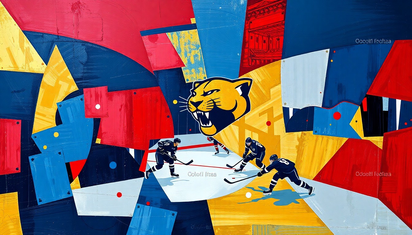 A cubist, geometric painting in navy blue, red, and gold depicting the chaotic energy and overlapping action of a hockey game, representing the mixed emotions of Panthers fans at the end of the season.