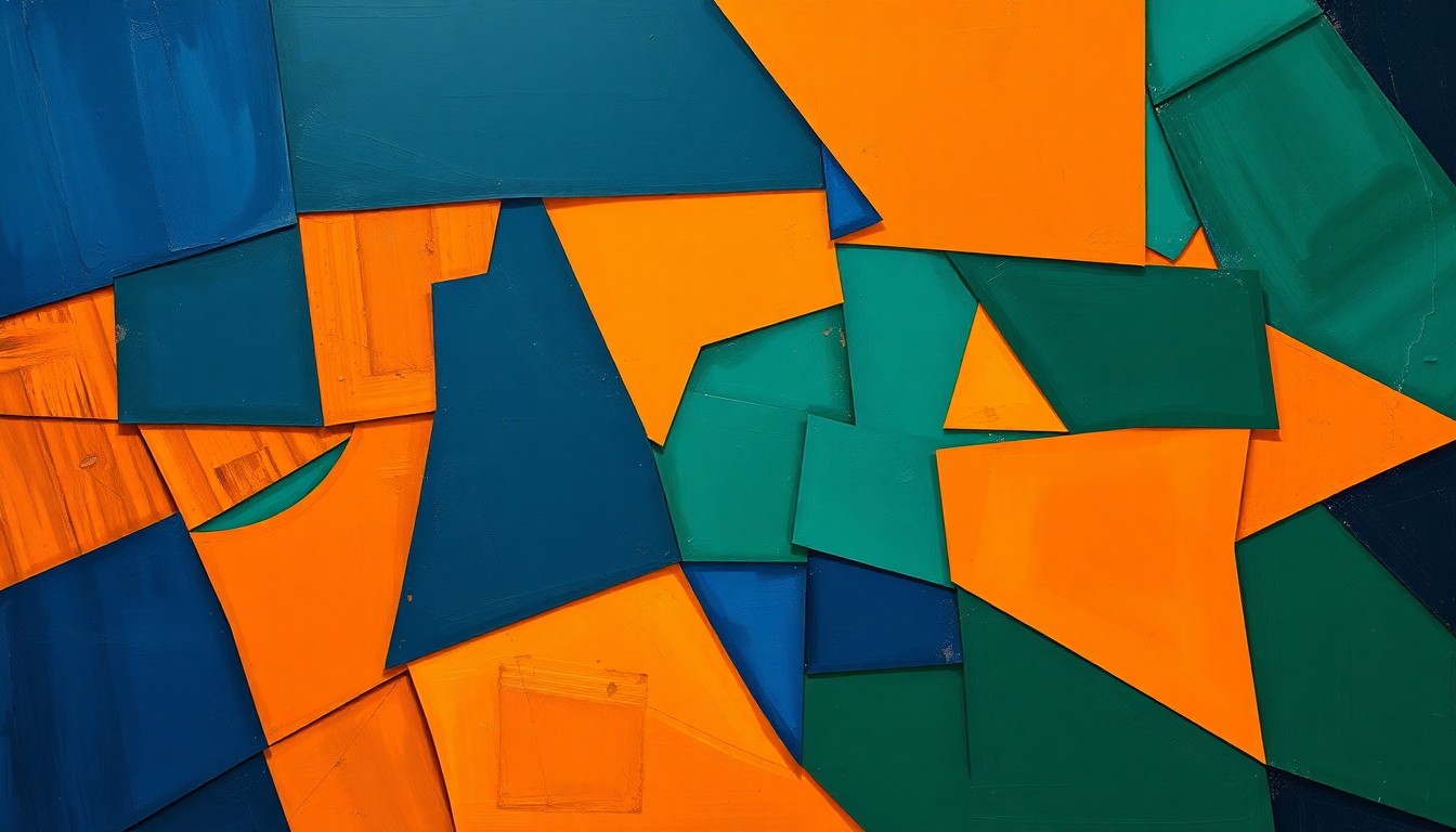 A cubist, geometric painting depicting fragmented, overlapping shapes and planes in shades of navy, orange, and green, representing the dynamic action and energy of a basketball game or match.