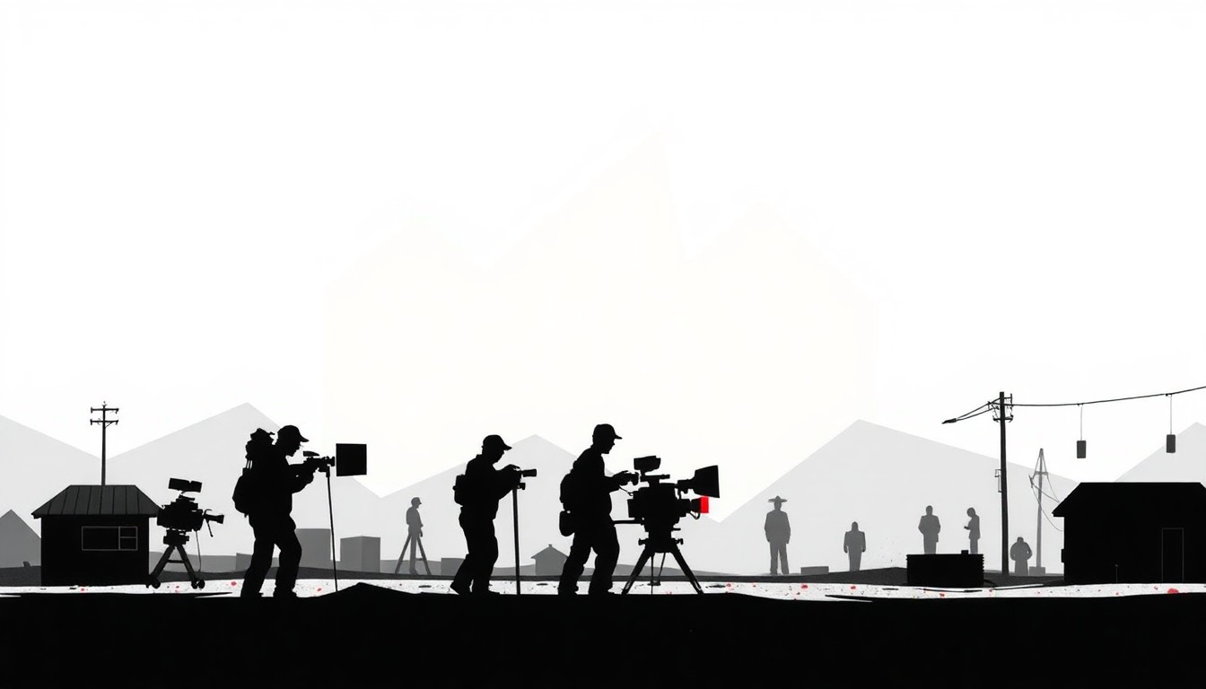 A dynamic abstract illustration featuring bold black silhouettes and geometric shapes in high-contrast white and red, conceptually representing the energy and activity of a film production taking place in a small town setting.