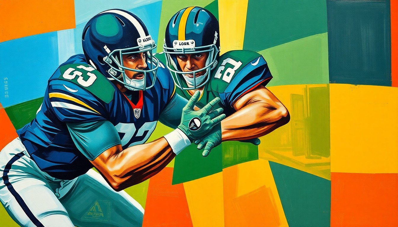 A cubist, fragmented painting depicting the intense, physical motion of a football player blocking, with sharp geometric shapes in navy, green, and orange conveying the energy and force of the action.