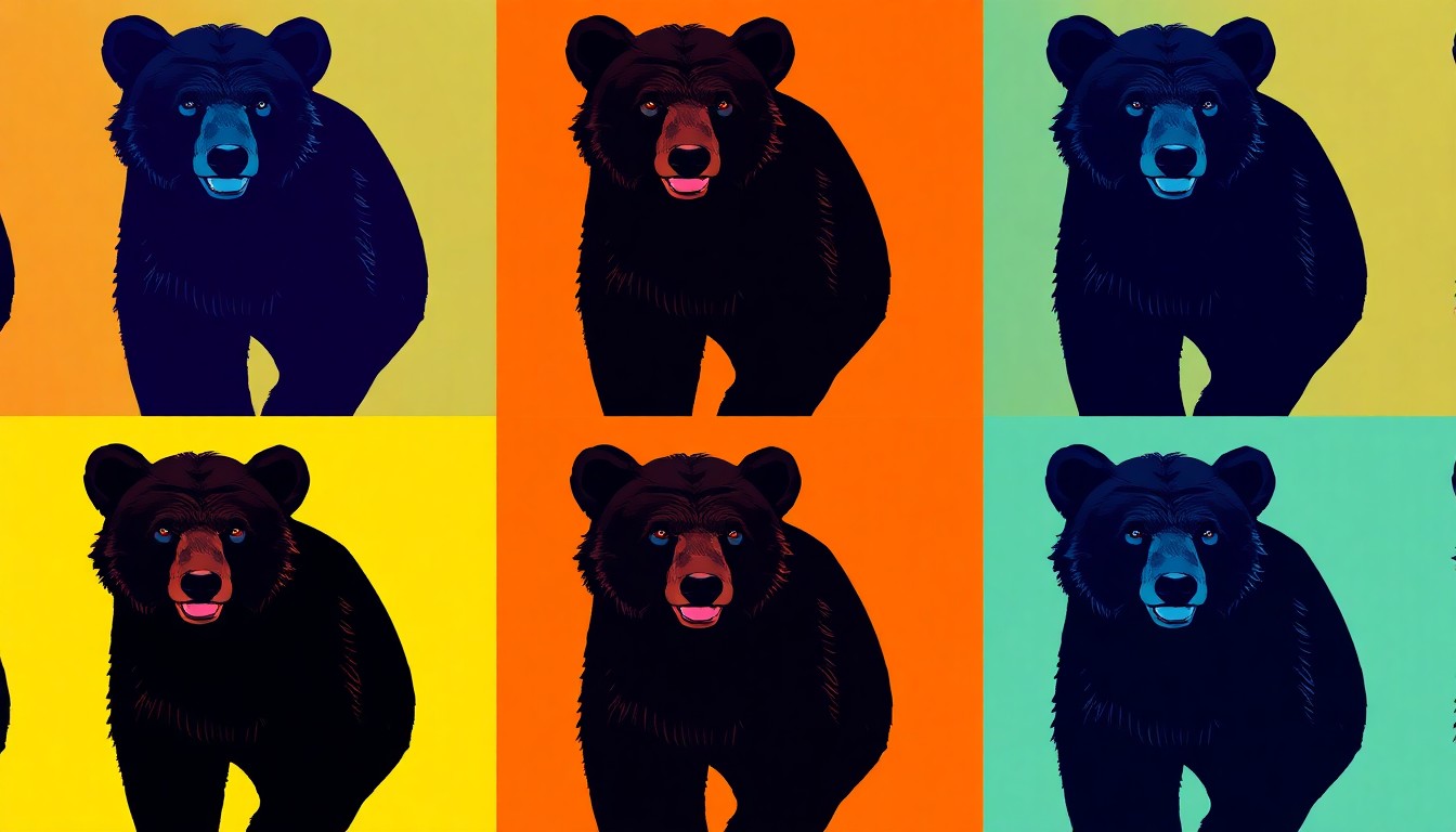 A bold, graphic illustration featuring a repeated black bear icon in a grid pattern, rendered in a vibrant, high-contrast pop art style with overlapping neon colors and heavy black outlines, conceptually representing the increasing presence of bears in residential areas.