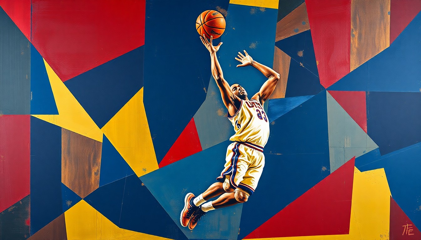 A cubist, geometric painting depicting a basketball player in mid-jump shot, with the figure broken down into overlapping planes of navy, gold, and crimson, capturing the dynamic energy of the sport.