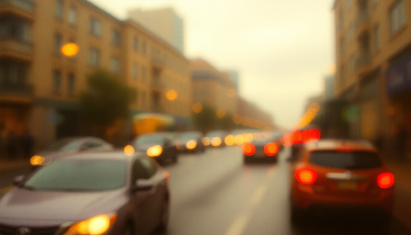 An abstract, impressionistic street scene with blurred shapes of cars and buildings in a warm, hazy color palette, conveying the atmospheric mood of a temporary road closure in a small city.