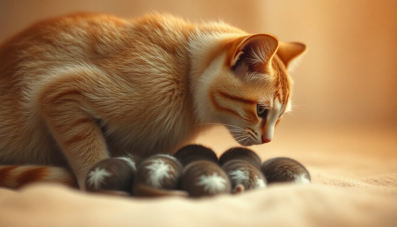 An extremely abstracted, out-of-focus photograph in soft pools of warm color and light, depicting a mother cat gently watching over her nursing kittens in an intimate, dreamlike scene.