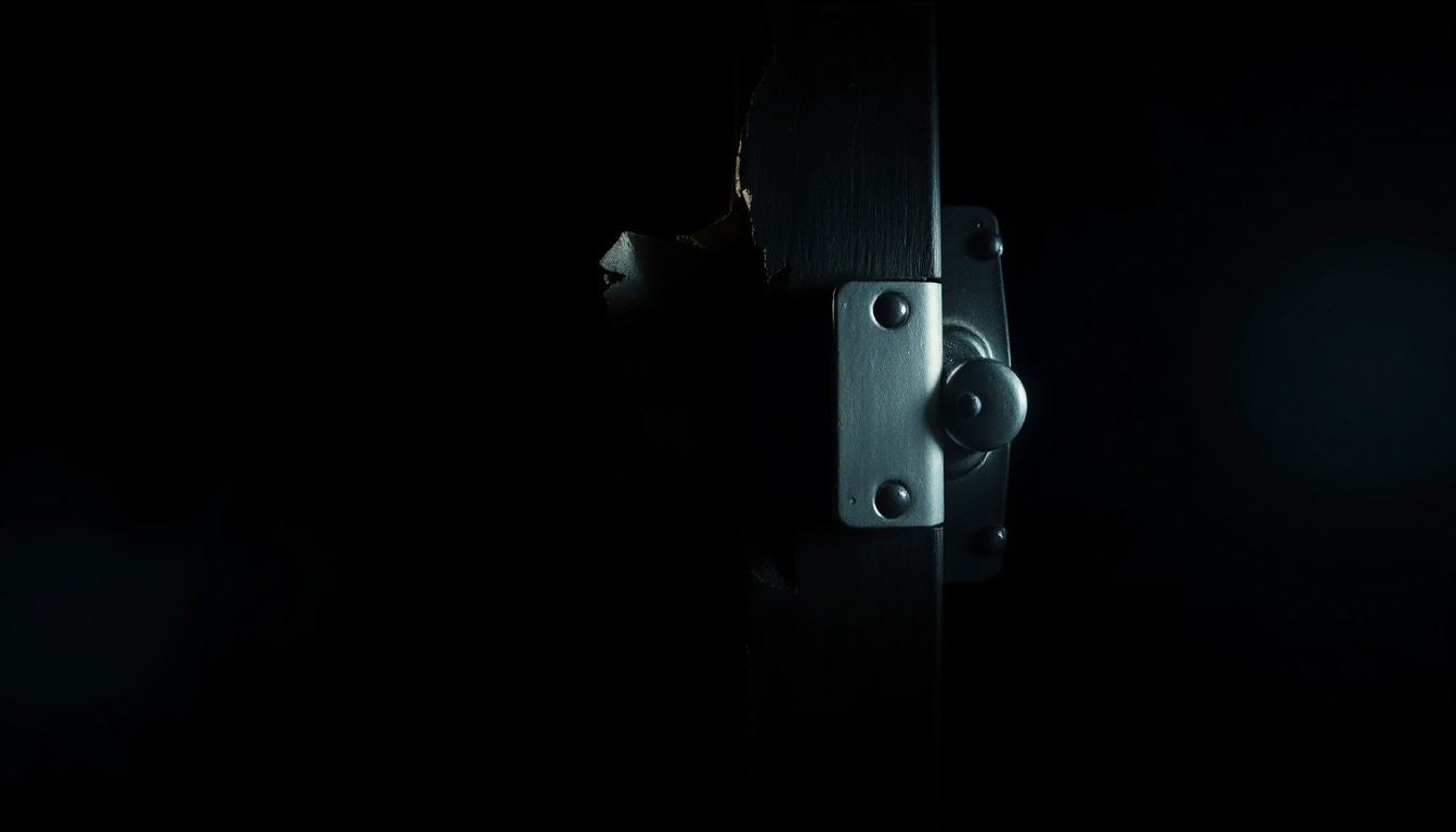 An extreme close-up photograph of a damaged door frame, lit by a harsh, direct camera flash against a pitch-black background, conveying the gritty, investigative nature of this crime.