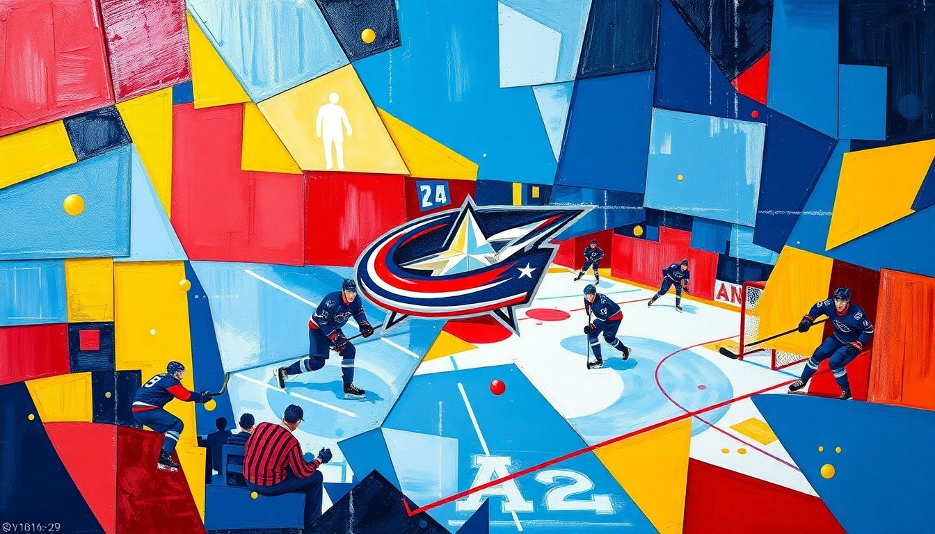 A cubist, geometric painting depicting a hockey game, with sharp, overlapping planes of blue, red, and yellow colors representing the Columbus Blue Jackets.