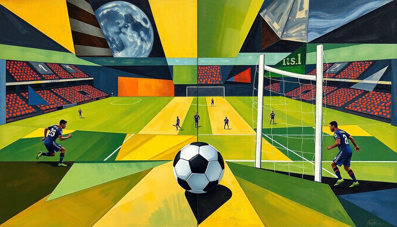 A fractured, cubist painting that breaks down a soccer match into sharp, overlapping geometric planes, with the ball and goal posts as the focal points of the dynamic, abstract composition.