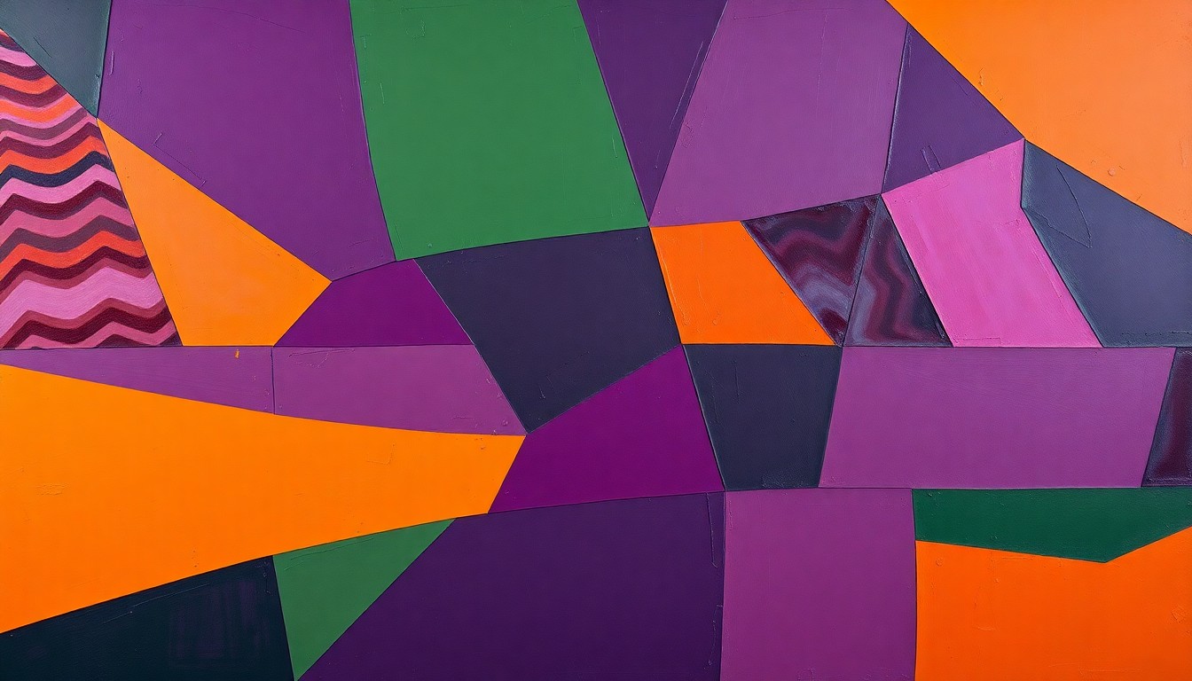 A fractured, geometric painting in shades of purple, green, and orange, depicting the overlapping planes and perspectives of an NFL defensive line formation.