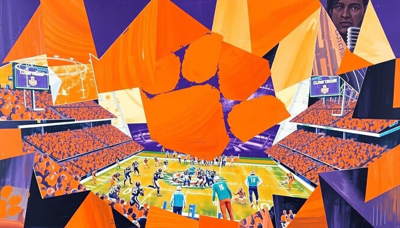 A cubist, geometric painting depicting a fragmented Clemson Tigers football game, with sharp overlapping planes in the team's signature orange and purple colors.
