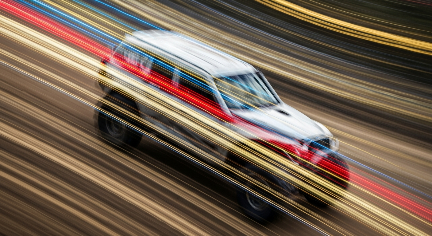 An abstract, blurred image of an off-road vehicle in motion, conveying a sense of speed, modern engineering, and the energy of the overland community.