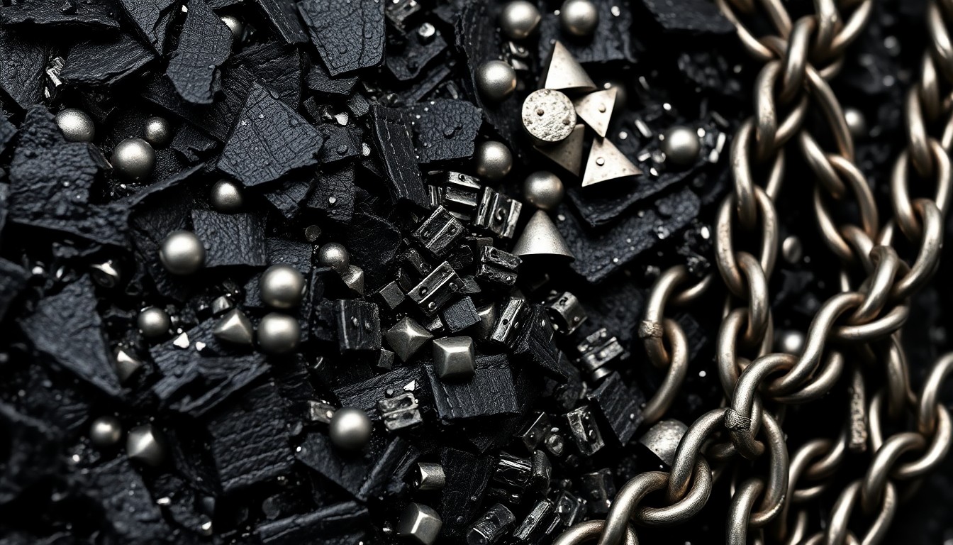 An extreme close-up photograph featuring a dramatic composition of heavy metal textures like shredded black leather, crushed silver studs, and distressed steel chains, conveying the gritty, high-energy aesthetic of Metallica's music.