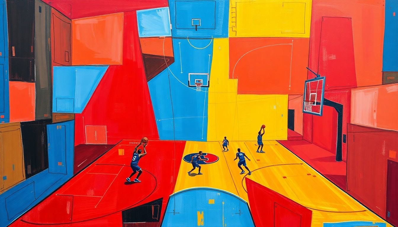 A cubist-style painting depicting a fragmented basketball court and players, with sharp geometric shapes in vibrant colors representing the shifting dynamics within the Bulls' organization.