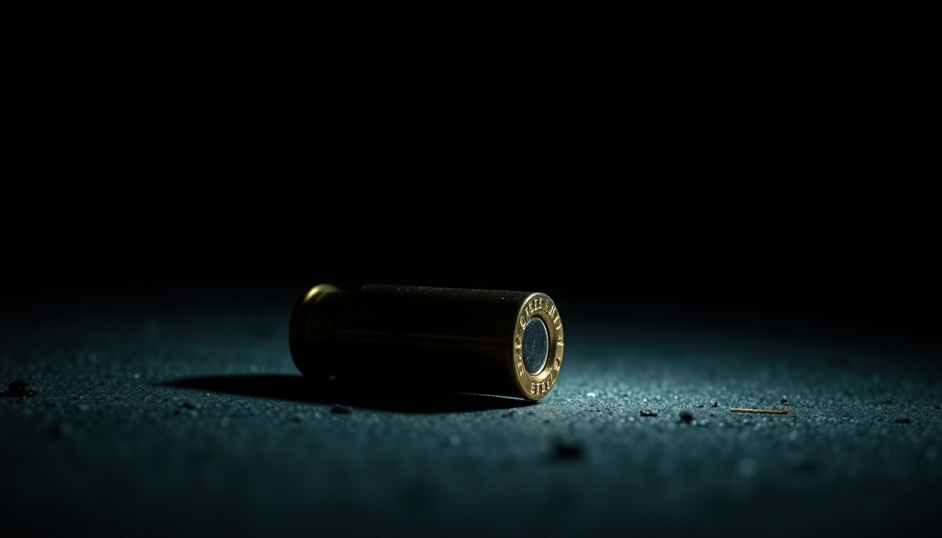 An extreme close-up photograph of a single spent bullet casing on the ground, reflecting a bright light from a harsh flash against a dark background, conceptually illustrating the investigation of a shooting incident near a school.