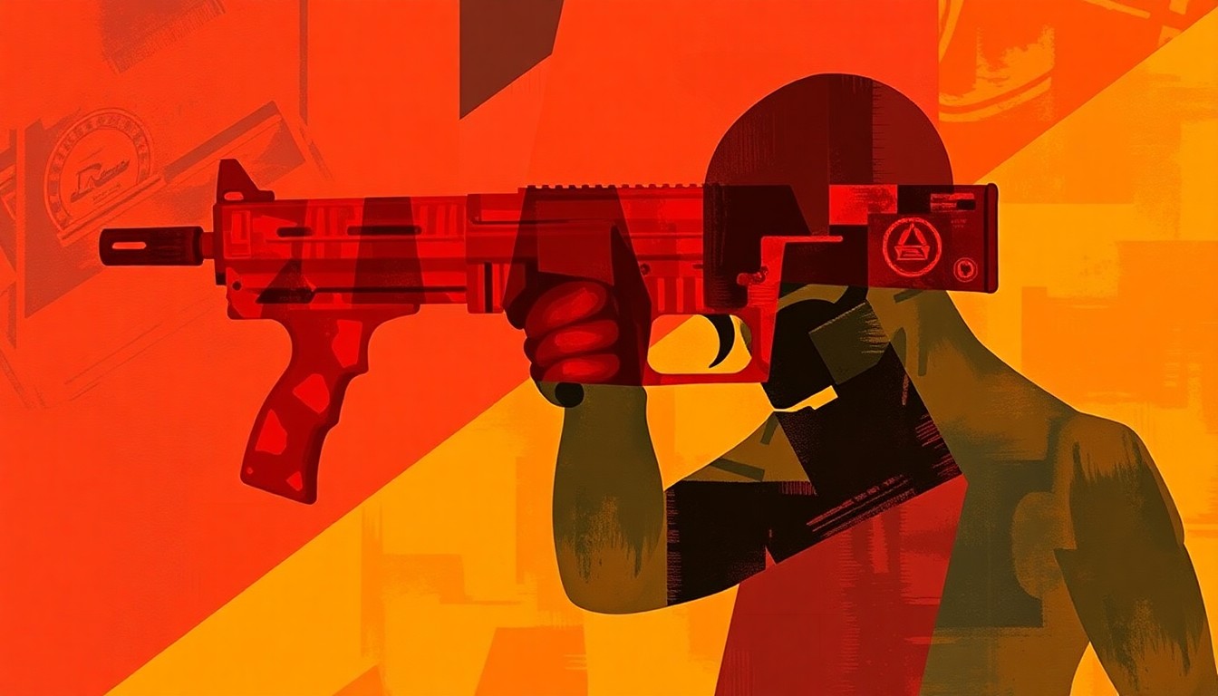 A fragmented, abstract painting featuring a toy gun and a silhouetted figure, conveying a sense of tension and divisiveness.
