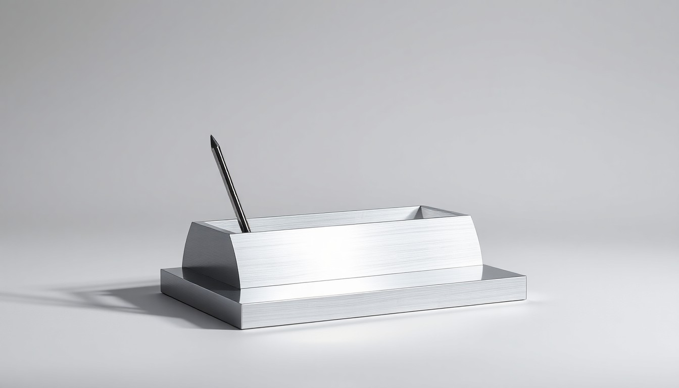 A photorealistic studio still-life image featuring a polished, geometric desk organizer made of brushed aluminum, arranged on a clean, monochromatic background with dramatic lighting and shadows, conceptually representing the efficient, professional tools used by financial advisors.