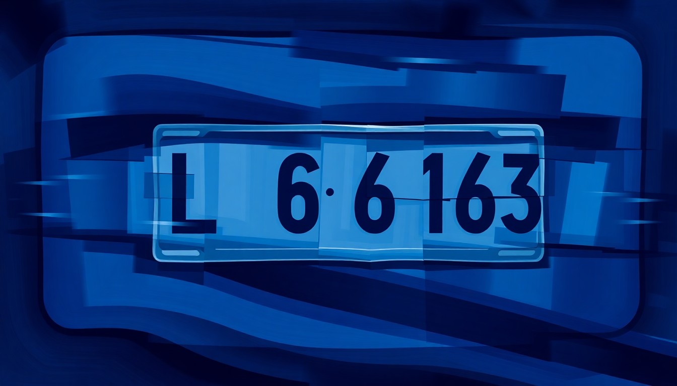 A dynamic, abstract painting of a car license plate repeated in overlapping, fractured geometric shapes in shades of blue, conceptually representing the legal battle over warrantless vehicle surveillance.