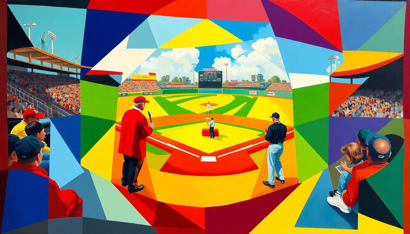 A cubist, geometric painting depicting the ceremonial first pitch at an Aledo High School baseball game, with the pitcher's mound, batter's box, and players' movements fractured into sharp, overlapping planes of bright red, blue, and yellow.