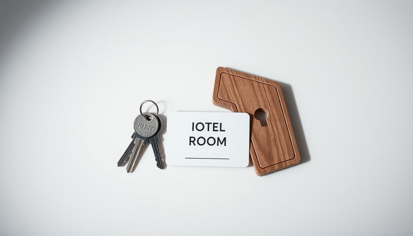 A photorealistic studio still life featuring a stack of hotel room keys, a hotel room key card, and a hotel room door placard, arranged elegantly on a clean, monochromatic background to symbolize the challenges facing the hospitality industry.
