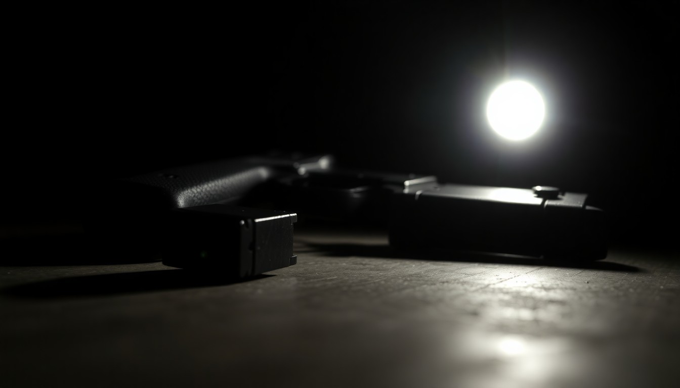 An extreme close-up photograph of a handgun magazine lying on a dark surface, the harsh flash creating dramatic shadows and highlights that evoke a sense of gritty investigation into a violent crime.