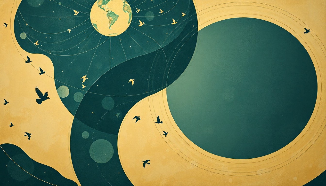 A highly textured, abstract painting in earthy tones of green, blue, and ochre, depicting sweeping geometric arcs and precise avian silhouettes in a conceptual representation of the intricate migratory patterns of birds passing through Oklahoma.