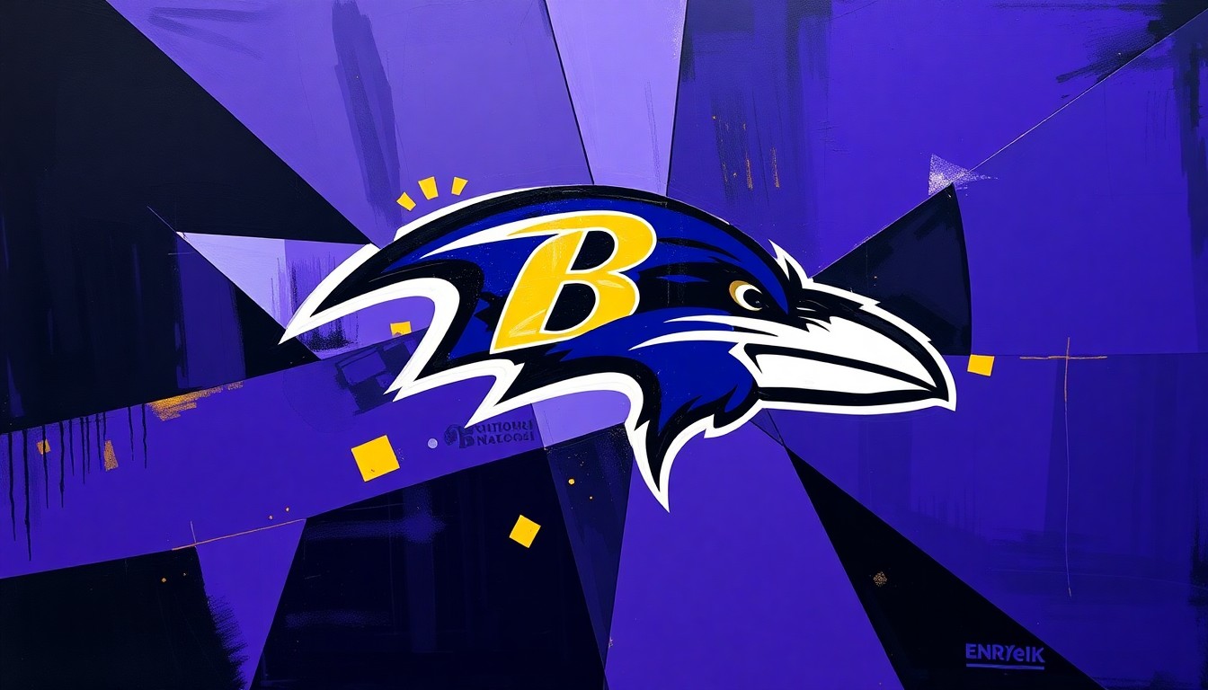 A fragmented, geometric painting depicting the Baltimore Ravens' draft process, with sharp planes of purple, black, and gold overlapping to create a dynamic, abstract composition.