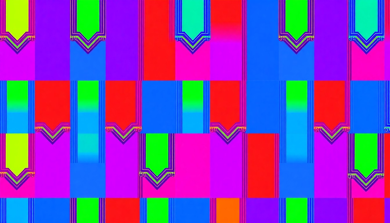 A high-contrast, silkscreen-style illustration featuring a repeated pattern of a Jewish prayer shawl (tallit) in bright, neon-like colors, conceptually representing the inclusive and celebratory spirit of Chabad Lubavitch of Sunny Isles Beach's community initiatives.