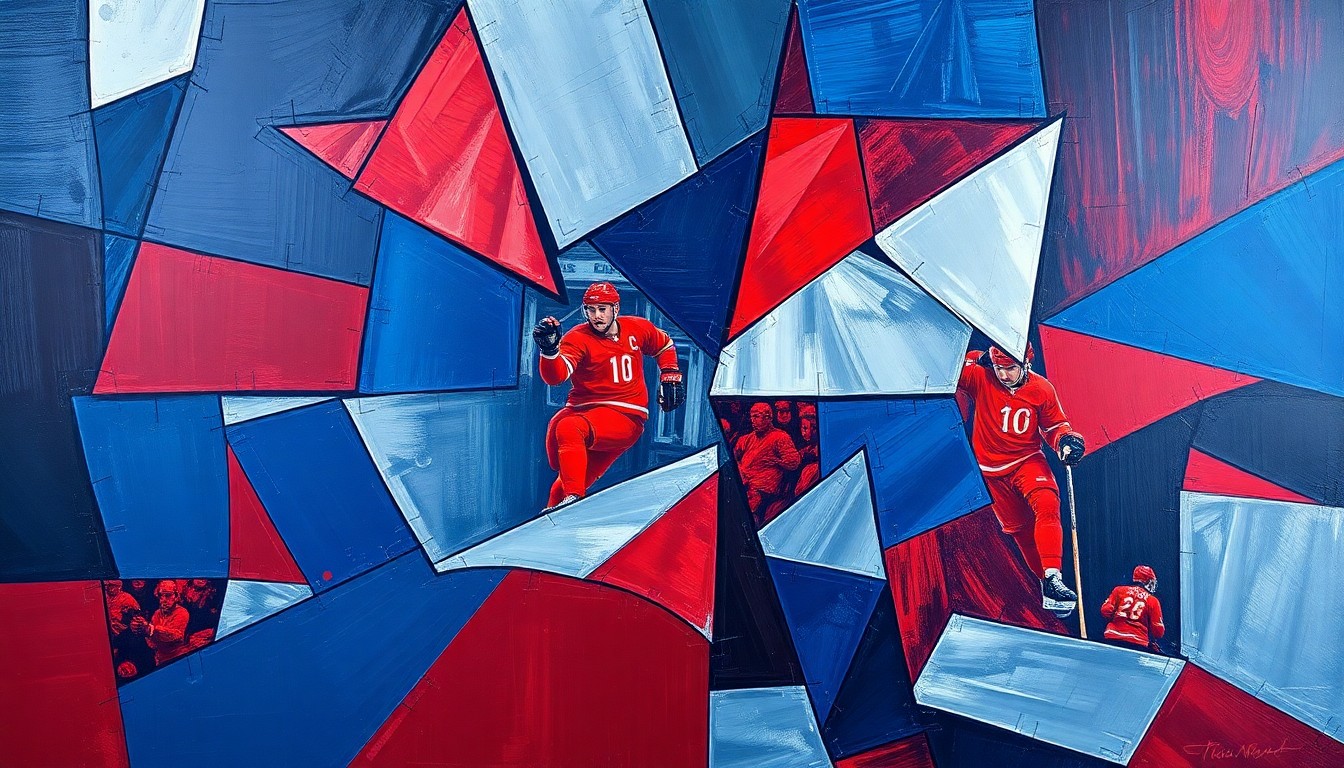A fragmented, geometric painting depicting the dynamic movements and intensity of a hockey match, with sharp planes of navy, red, and silver.