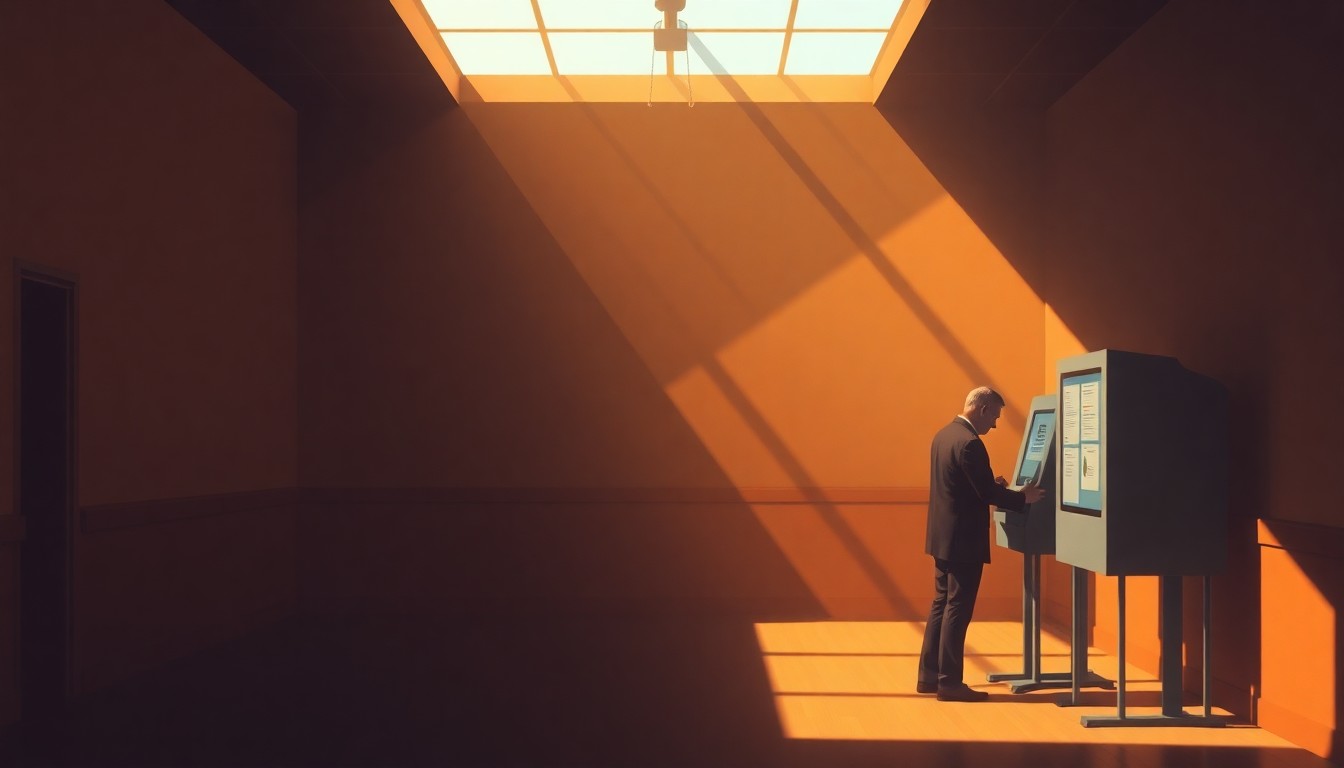 A serene, photorealistic painting of an empty polling place interior with warm, golden light streaming in through the windows, a single voter standing at a touch screen voting machine, and a sense of quiet contemplation and civic engagement.