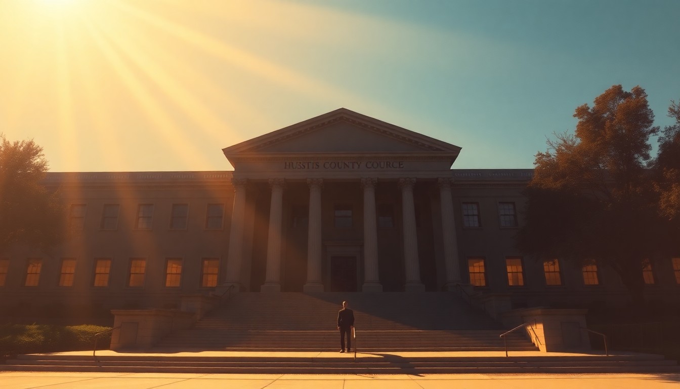 A serene, cinematic painting of the Harris County Courthouse, its facade bathed in warm, golden light and deep shadows, with a lone figure standing on the steps, conveying a sense of transition and the significance of Kamin's groundbreaking appointment.