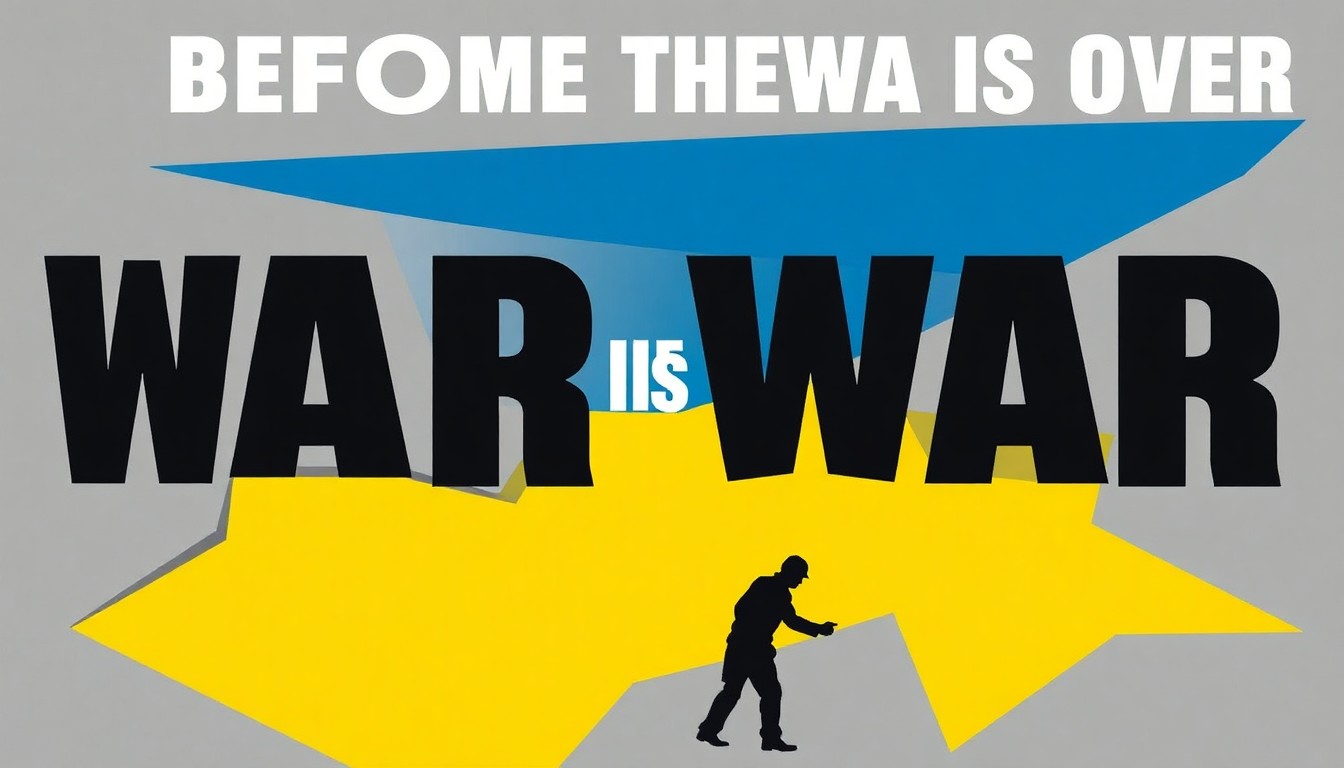 An abstract, minimalist illustration featuring jagged, overlapping geometric shapes in shades of blue, yellow, and grey, conceptually representing the themes of Yaroslav Zubko's solo comedy show about war, displacement, and identity.