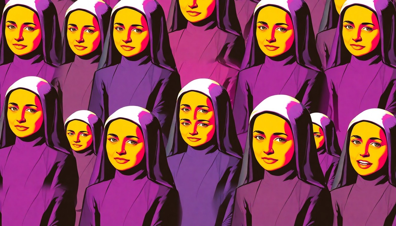 A brightly colored, high-contrast silkscreen print of a single, iconic Franciscan nun's habit repeated in a tight grid pattern, capturing the order's enduring impact through a modern pop art lens.