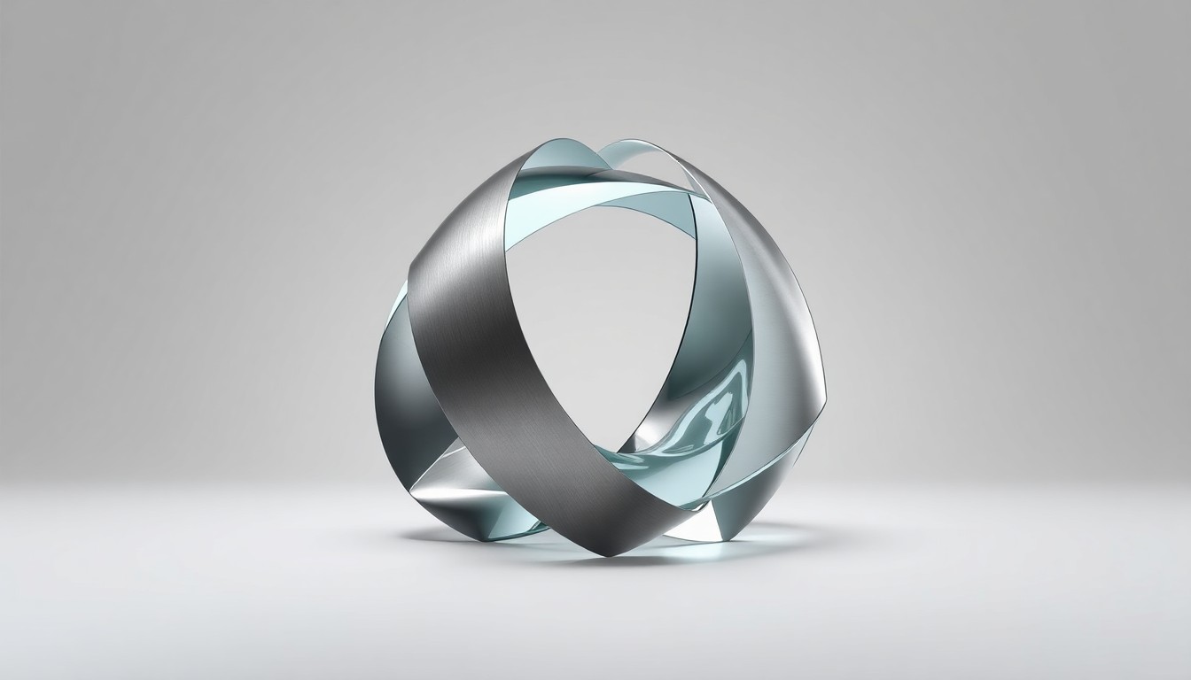 A highly reflective, geometric sculpture made of brushed aluminum and glass, conveying the abstract ideas of community resilience and economic security through a polished, premium visual metaphor.