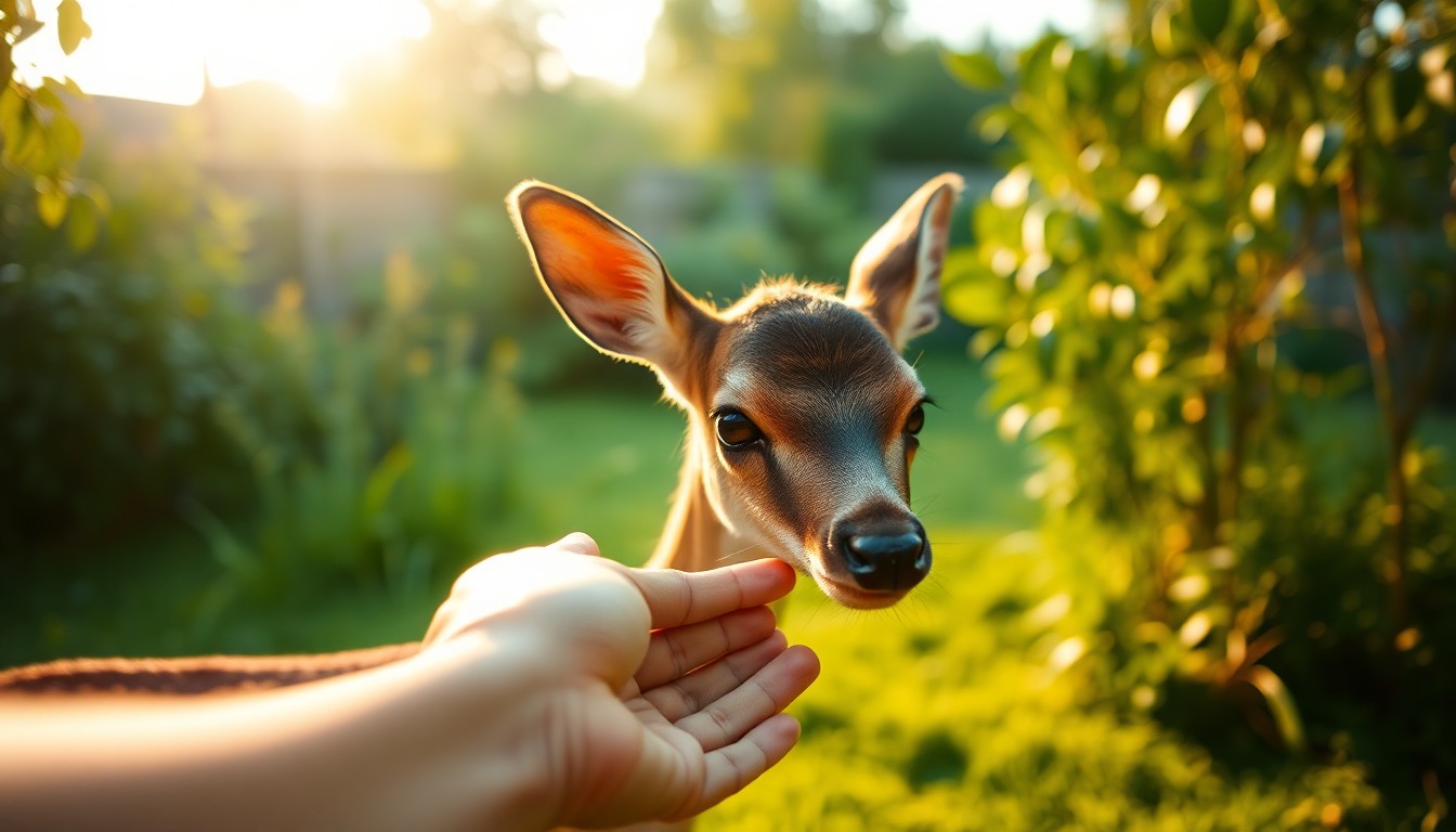 An extremely abstracted, out-of-focus photograph of a human hand gently touching the nose of a young deer in a lush, green backyard setting, conveying the intimate connection between the two.