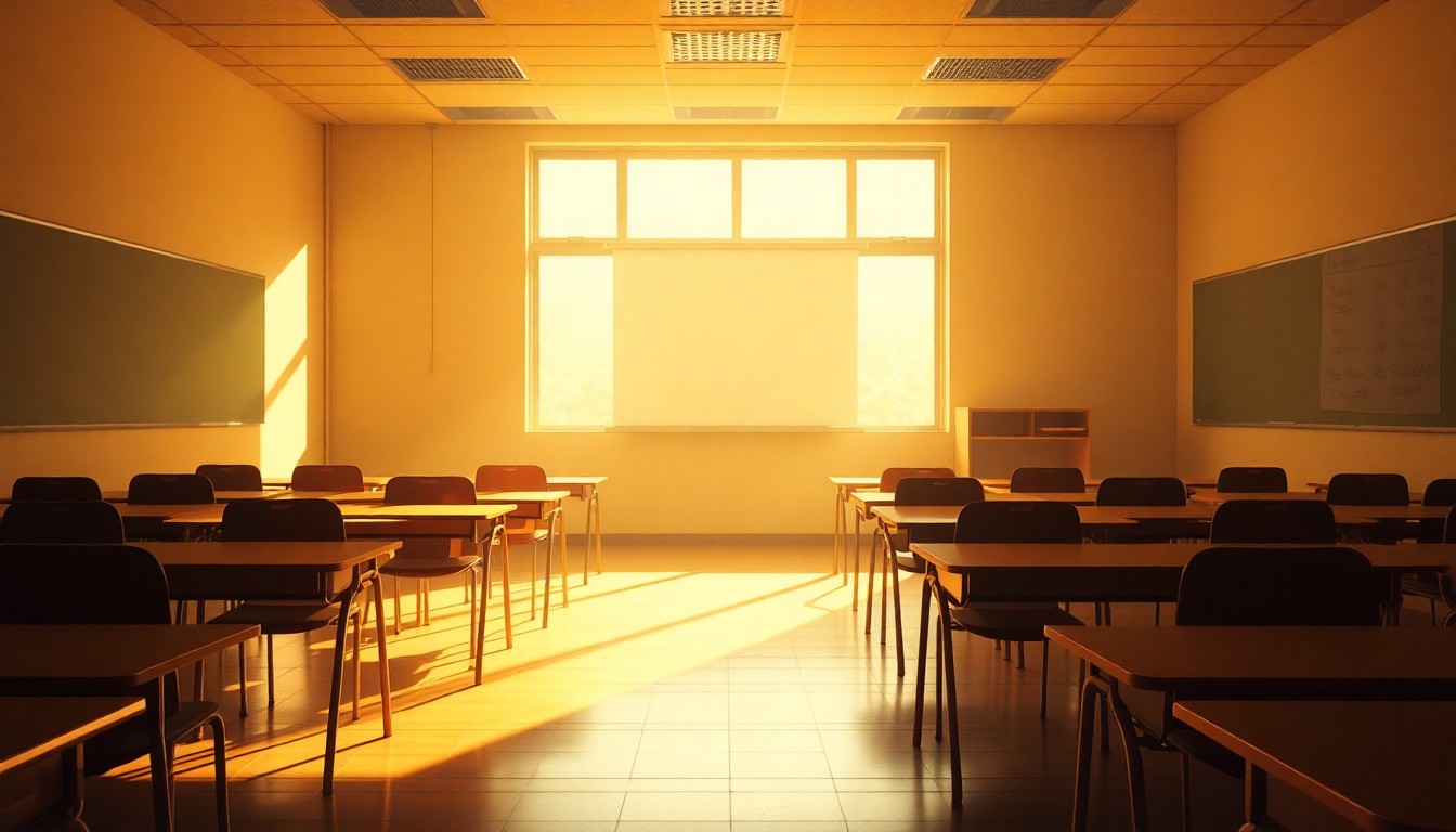 A quiet, cinematic painting of an empty classroom with desks and chairs, the space bathed in warm, diagonal sunlight and deep shadows, conceptually representing the tensions over the future of public education.