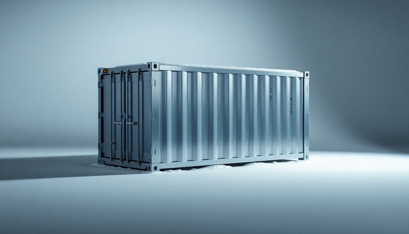 A polished, geometric metal container with a temperature gauge and frost-covered exterior, symbolizing the cold storage capabilities of Echo's EchoChill network, placed on a clean, monochromatic background with dramatic lighting and shadows.