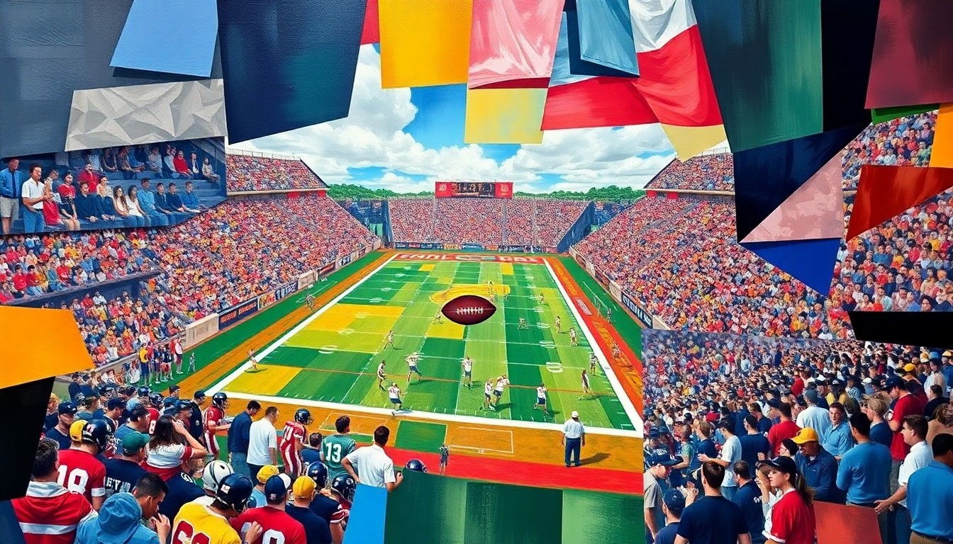 A cubist-style painting featuring fragmented geometric shapes and planes in the team colors, depicting the dynamic action and energy of a high school football game.
