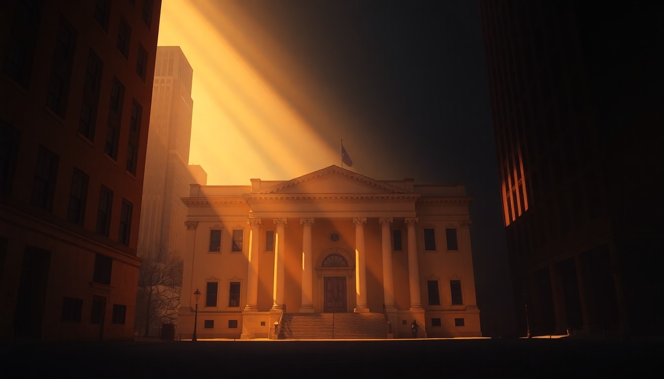 A photorealistic painting of the Chicago City Hall building, with warm sunlight streaming in from the side and deep shadows covering parts of the structure, creating a moody, contemplative atmosphere that evokes the political tensions in the city.