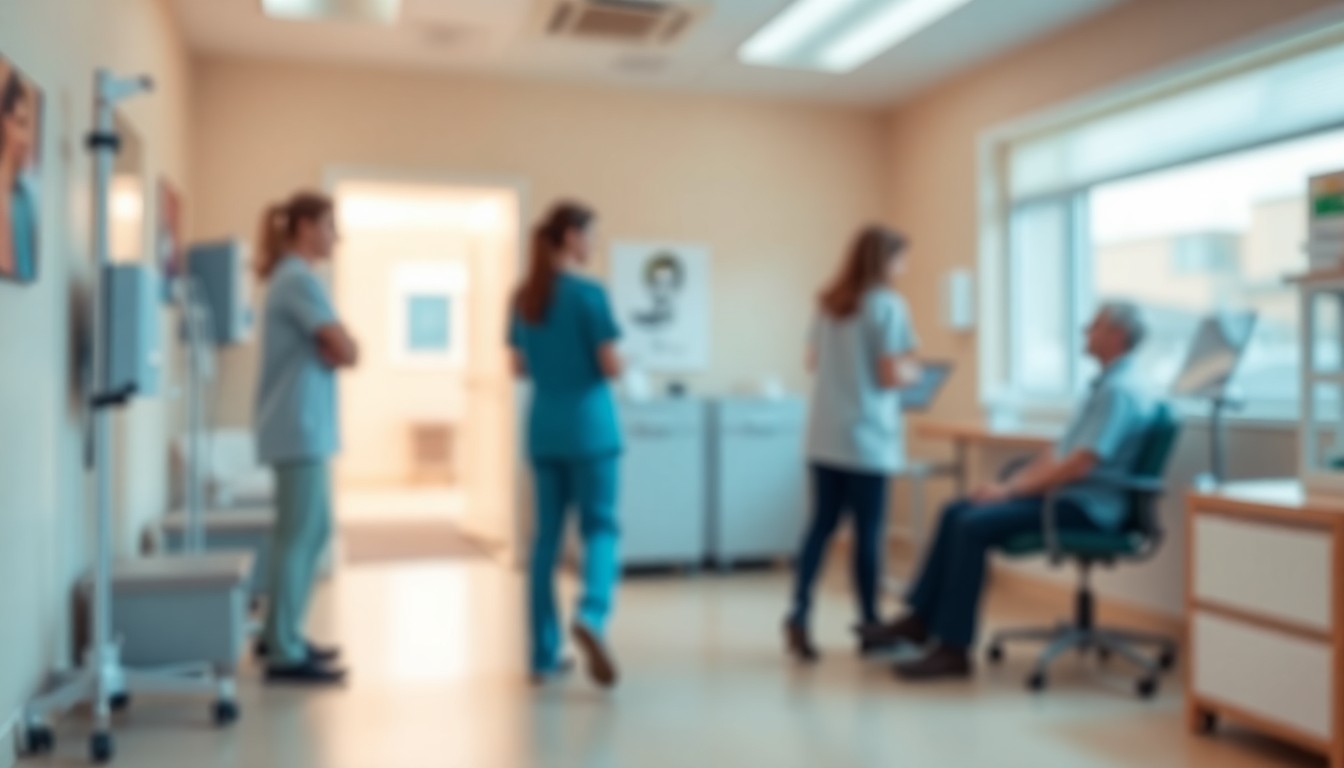 An abstract, out-of-focus scene depicting the warm, empathetic atmosphere of a physical therapy clinic, conveying the human-centered values that defined Ella Gall's life and legacy.