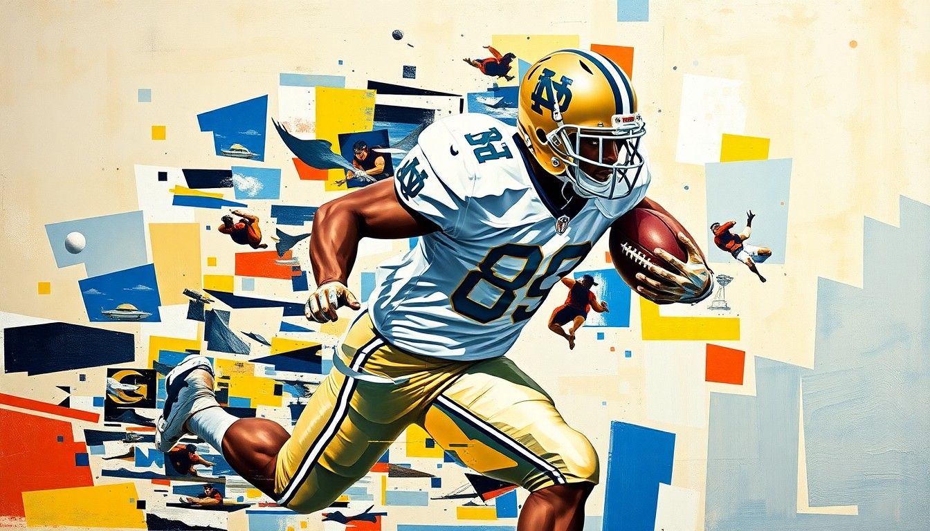 A cubist, geometric painting depicting a Notre Dame football player in motion, with sharp, overlapping planes of color and shape representing the explosive athleticism of a star running back.
