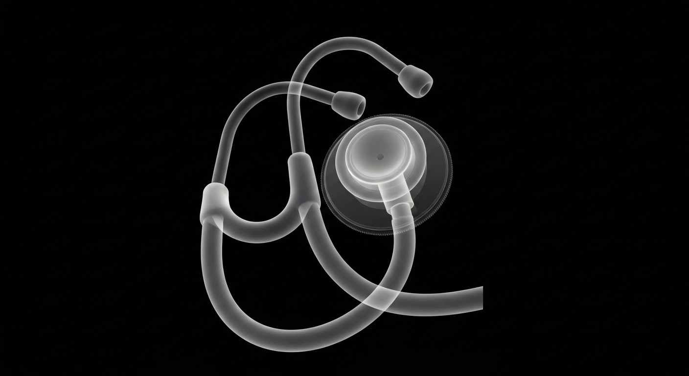 A ghostly, translucent X-ray photograph revealing the internal structure of a medical instrument, conceptually representing Hippocratic AI's new healthcare technology innovations.