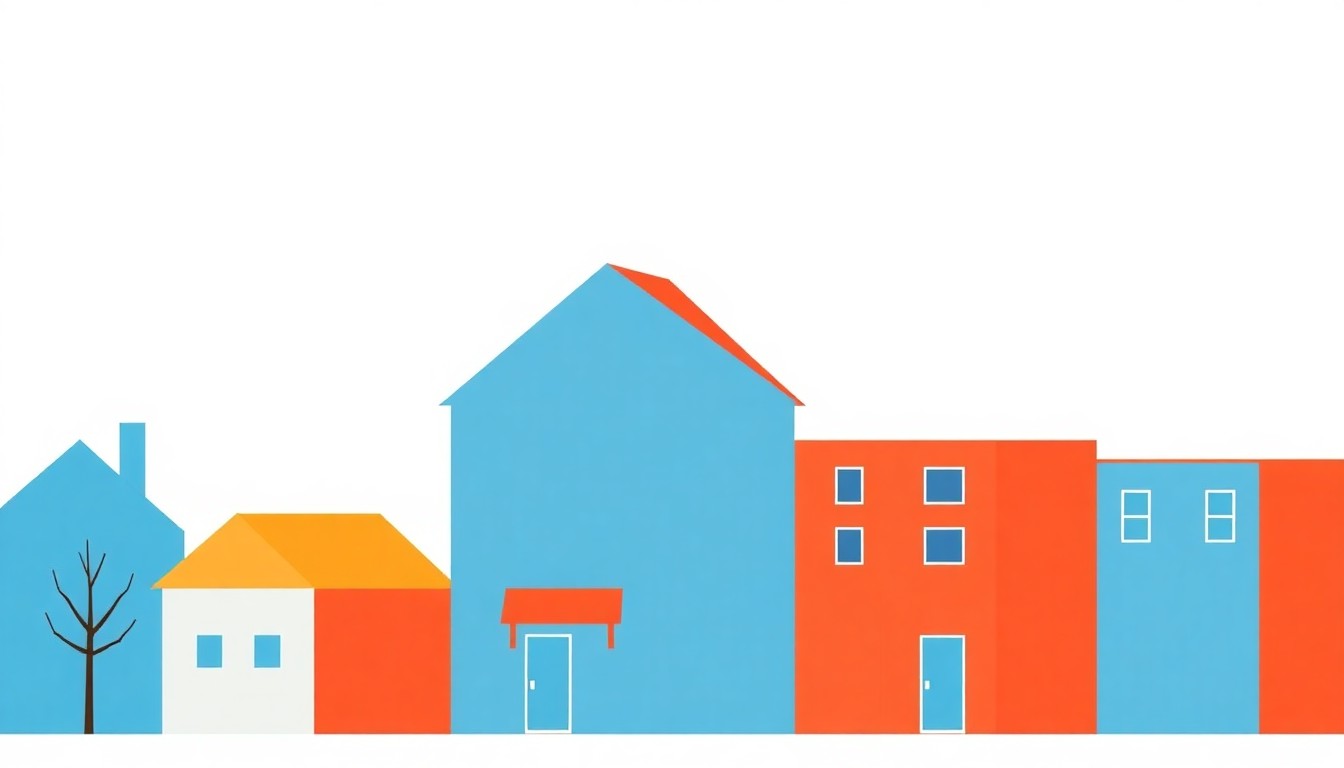 An abstract geometric illustration featuring bold shapes in shades of blue, red, and yellow, conceptually representing the city's efforts to provide affordable insurance coverage and stabilize housing costs.