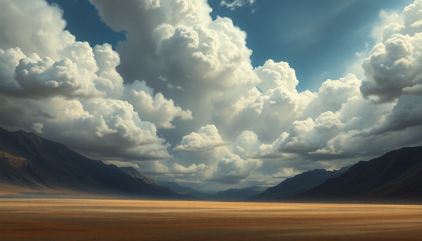A vast, majestic landscape painting in the style of Caspar David Friedrich, with deep perspective and dramatic backlighting capturing the mood of a powerful Santa Ana wind event, with billowing clouds and gusts sweeping across a vast, open expanse.