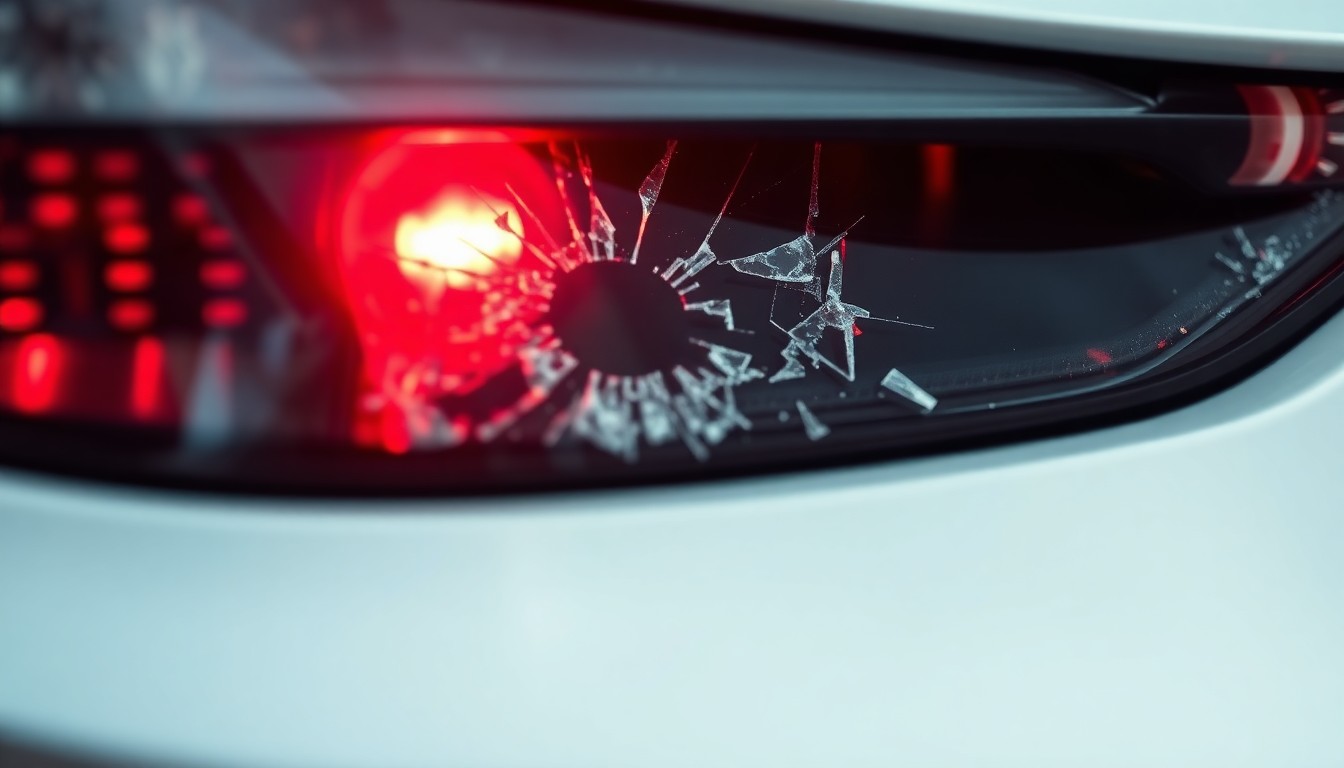 An extreme close-up of a shattered car sensor lens reflecting a faint red light, conceptually illustrating the vandalism of self-driving cars.