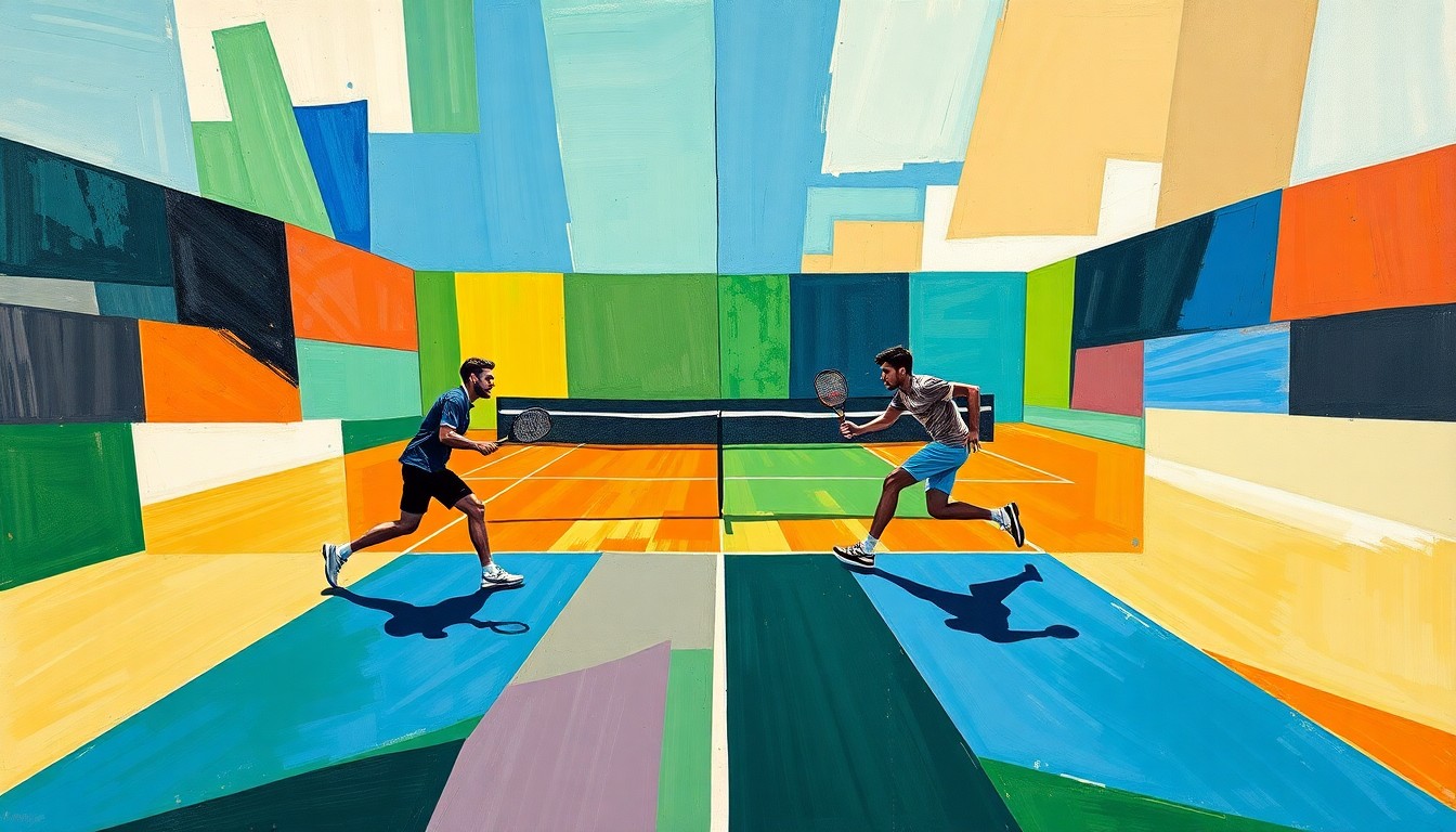 A fractured, multi-perspective painting in the style of Pablo Picasso, breaking down a padel match into sharp, overlapping geometric planes of vibrant blue, green, and orange, capturing the dynamic movement and energy of the sport.